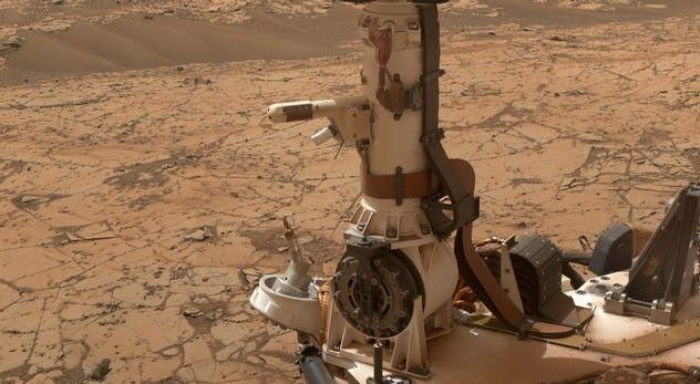 The Rover Environmental Monitoring Station (REMS) on NASA's Curiosity Mars rover includes temperature and humidity sensors mounted on the rover's mast. One of the REMS booms extends to the left from the mast in this view.