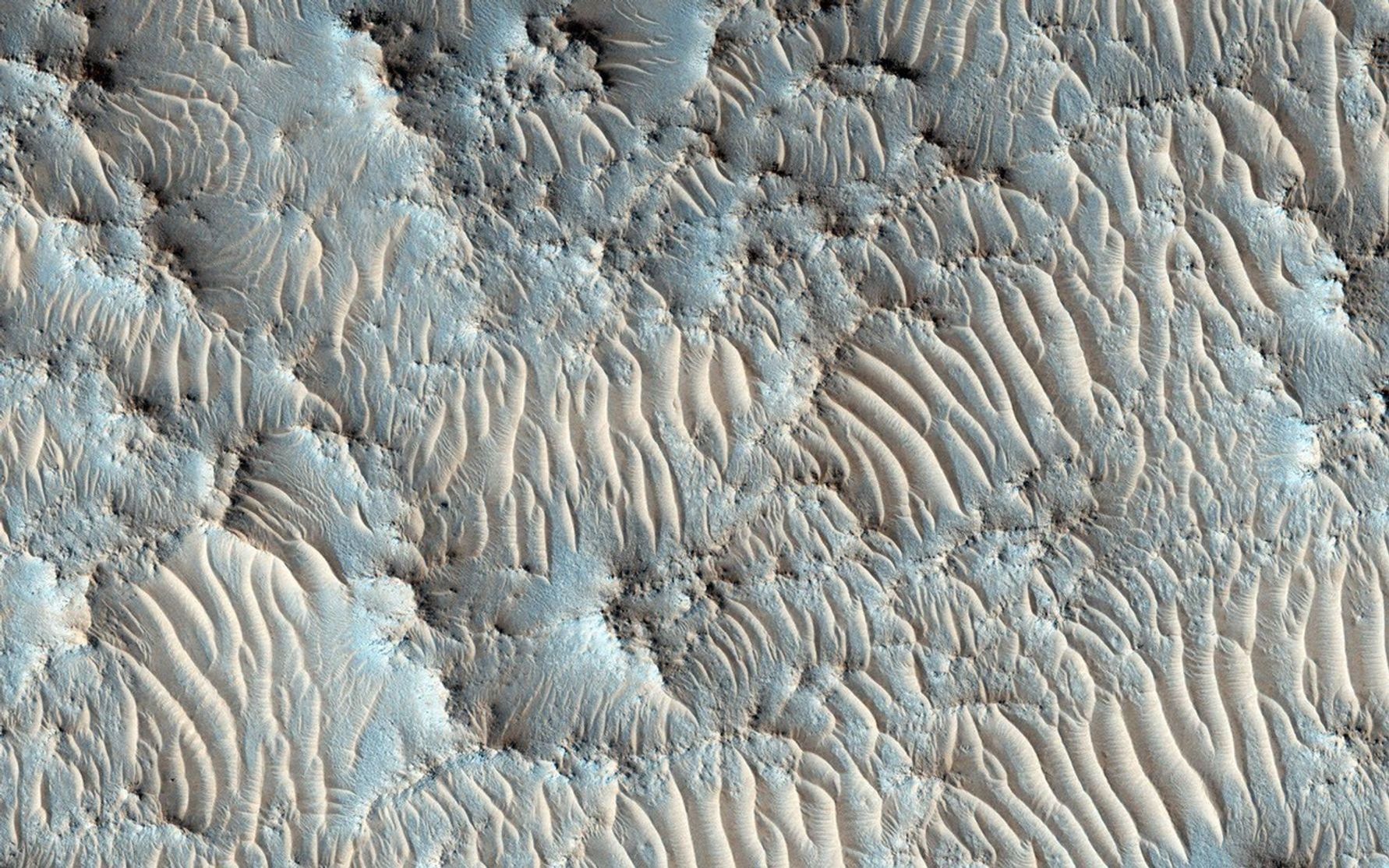 Wispy pink dunes are shown in this image of Mars.