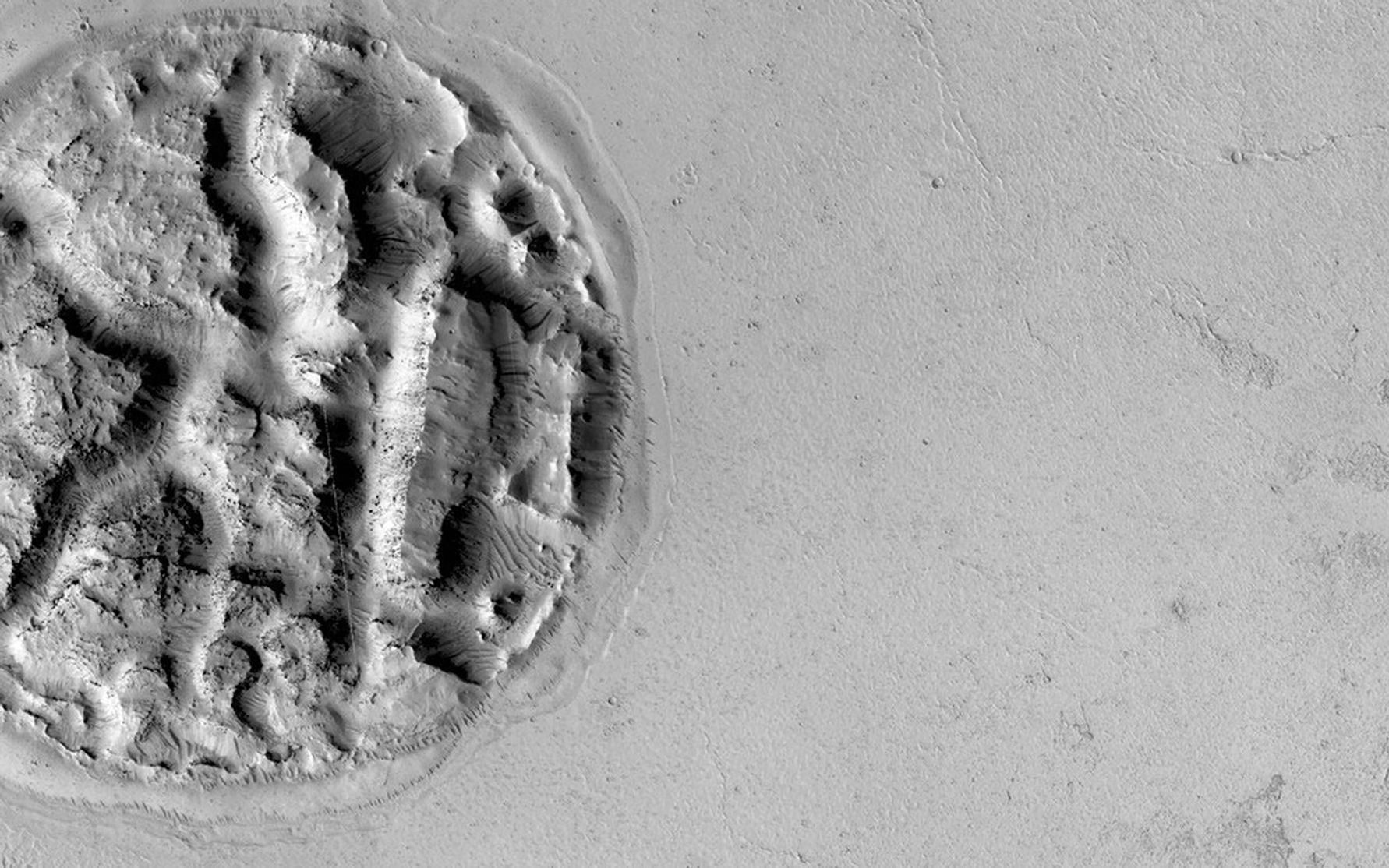 On the far left part of the image is a nearly circular, gray feature that looks like an "island" or "sea" of lava flows.
