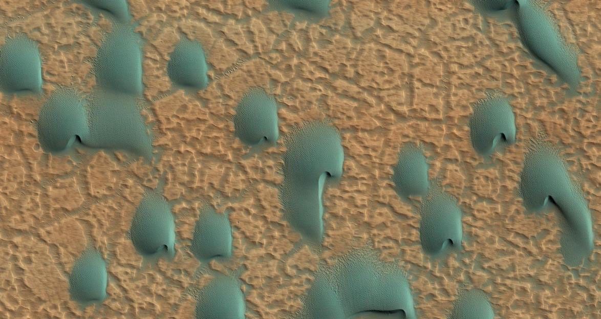 This field of dunes lies on the floor of an old crater in Noachis Terra, one of the oldest places on Mars.