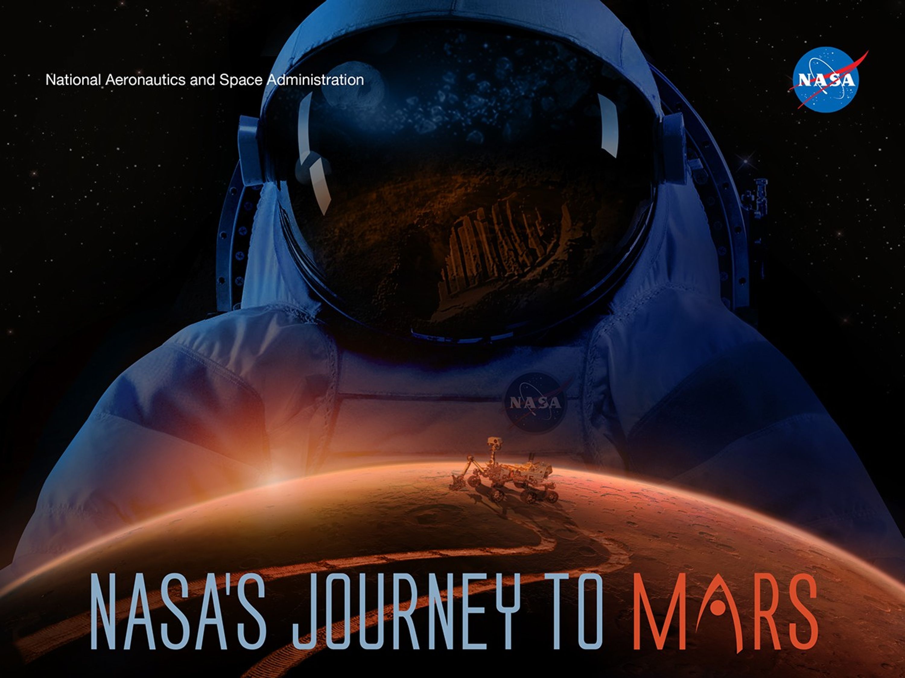 Astronaut and Mars rover on Mars.