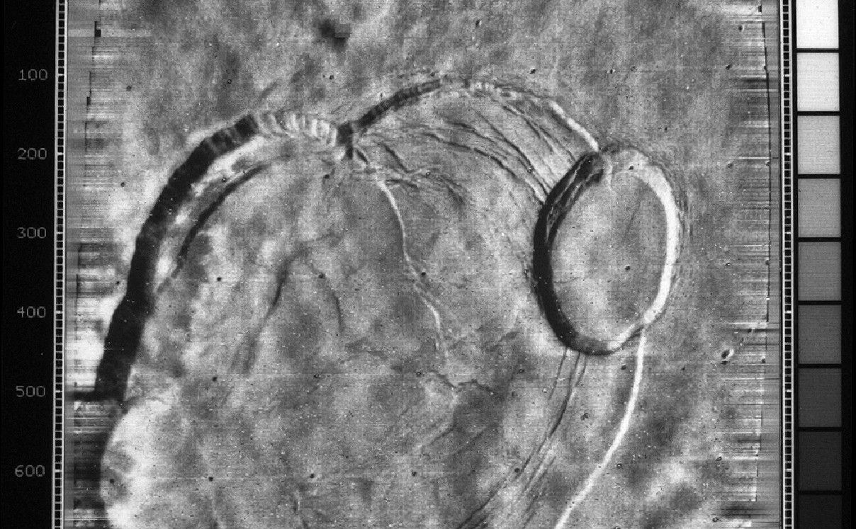 Mariner 9 image of the central caldera of the Martian volcano, Olympus Mons.