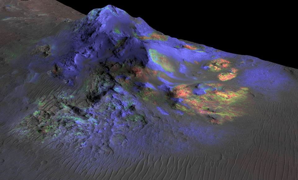Colorful image showing impact glass distribution on a Martian crater. These glass deposits are scattered with areas of green showing more glass versus other areas in blue.