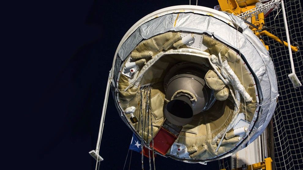 NASA's Low-Density Supersonic Decelerator test vehicle attached to launch tower just prior to take off.