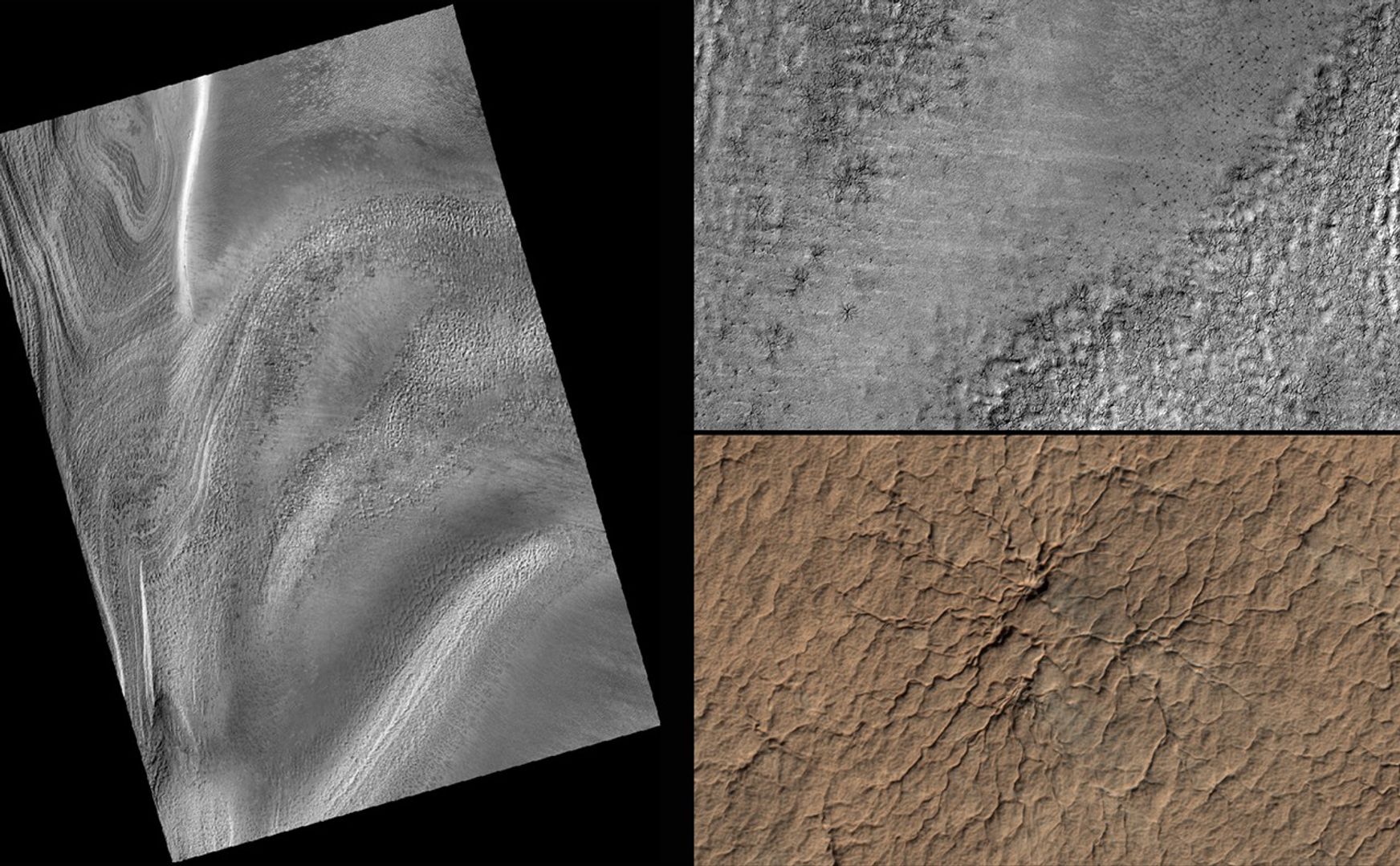 This series of images from NASA's Mars Reconnaissance Orbiter successively zooms into "spider" features -- or channels carved in the surface in radial patterns -- in the south polar region of Mars.