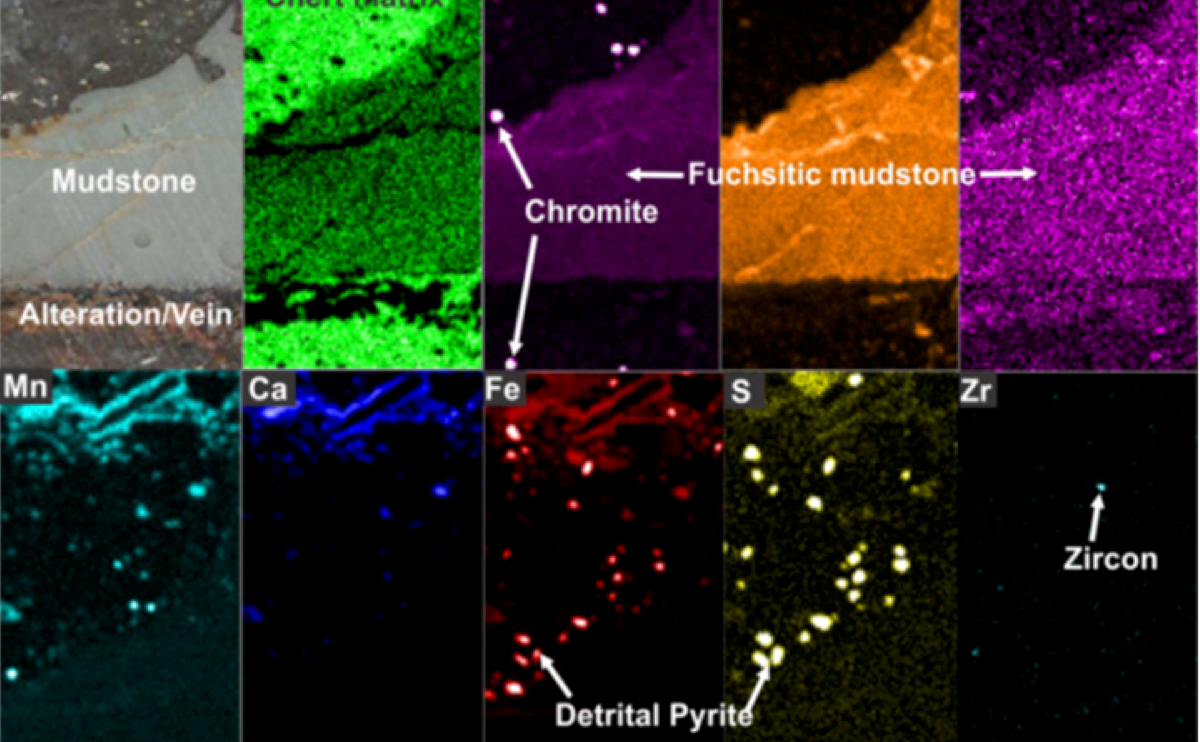 PIXL breadboard maps of a paleoarchean altered conglomerate with unconformity surface, revealing complex lithology including rounded pyrite, chromite, zircon, K-Al-Cr clay in the fuchsitic mudstone, Mn,Fe,Ca-carbonate in alteration vein, silicification of the conglomerate matrix.  Map size is 20 mm by 10 mm with a step size of 0.15 mm