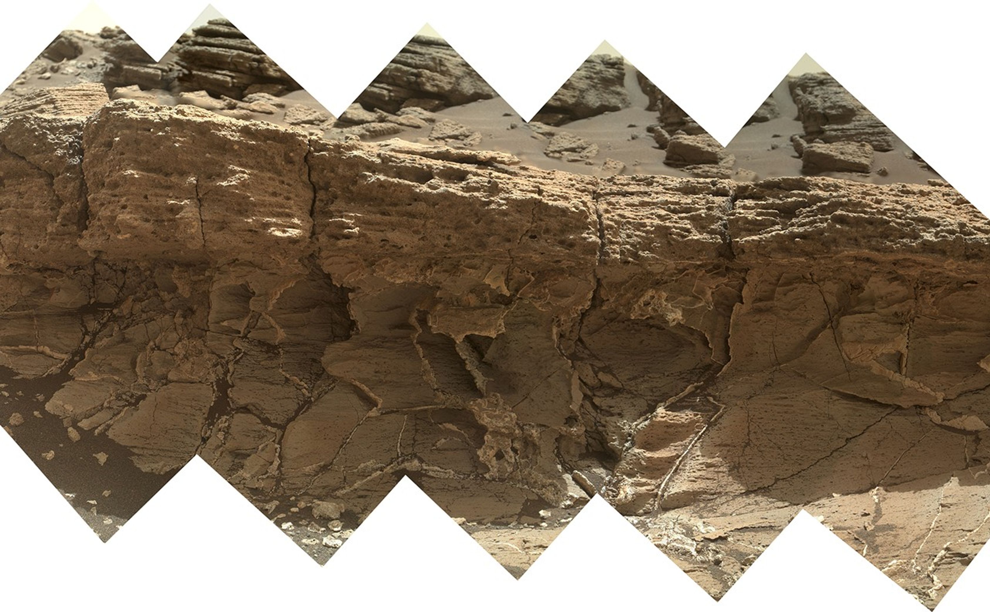A rock outcrop dubbed "Missoula," near Marias Pass on Mars, is seen in this image mosaic taken by the Mars Hand Lens Imager on NASA's Curiosity rover.