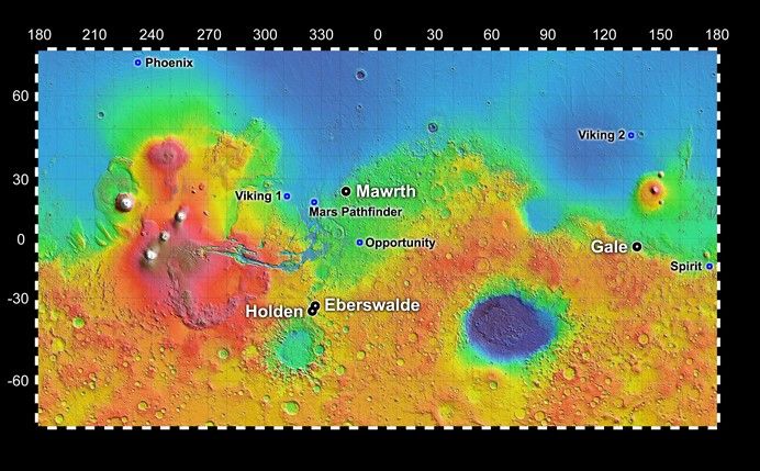 Map showing 4 possible landing sites for MSL
