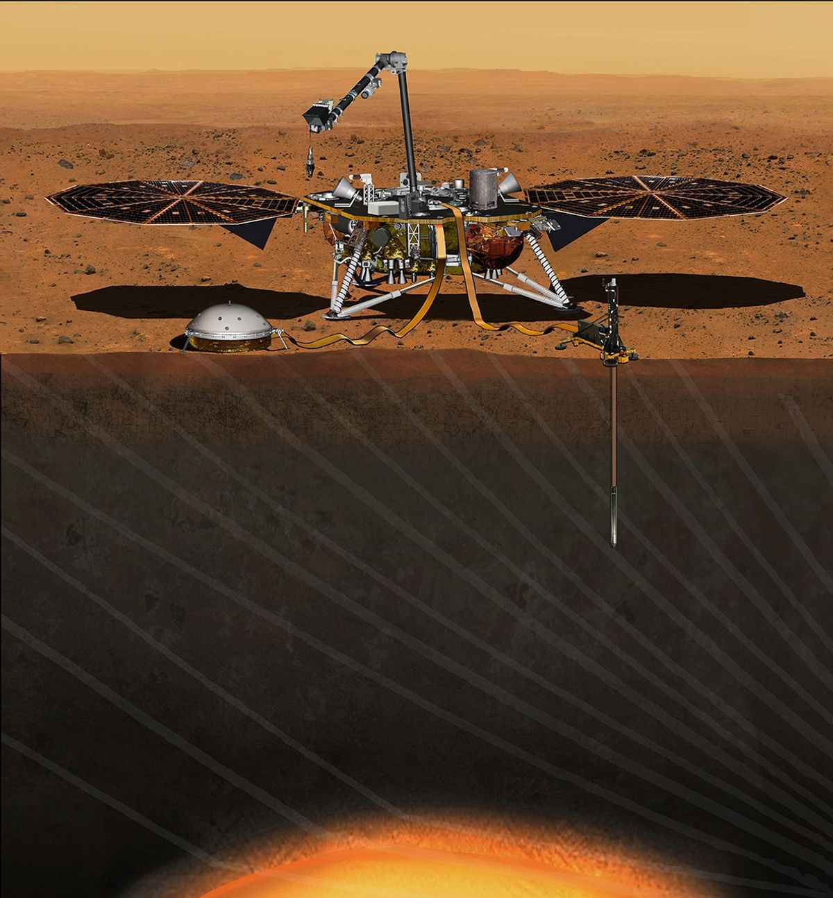 This artist's concept from August 2015 depicts NASA's InSight Mars lander fully deployed for studying the deep interior of Mars.