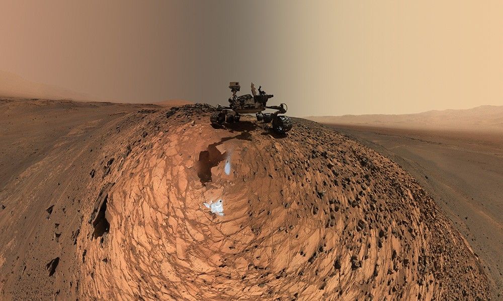 This low-angle self-portrait of NASA's Curiosity Mars rover from Aug. 5, 2015, shows the vehicle above the "Buckskin" rock target in the "Marias Pass" area of lower Mount Sharp. The MAHLI camera on Curiosity's robotic arm took dozens of images that were stitched together into this sweeping panorama.