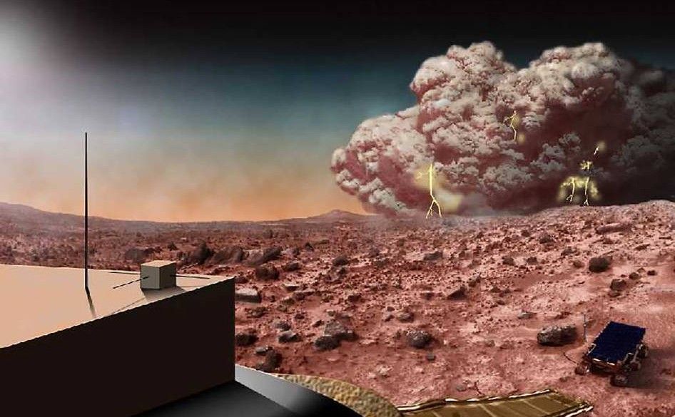 This artists concept illustrates a Martian dust storm, which might also crackle with electricity.