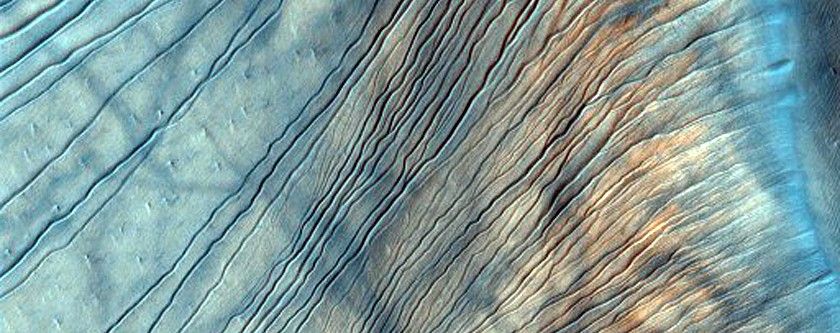 The Russell Crater dune field is covered seasonally by carbon dioxide frost. This image shows the dune field after the frost has sublimated, or evaporated directly from solid to gas. There are just a few patches left of the bright seasonal frost.