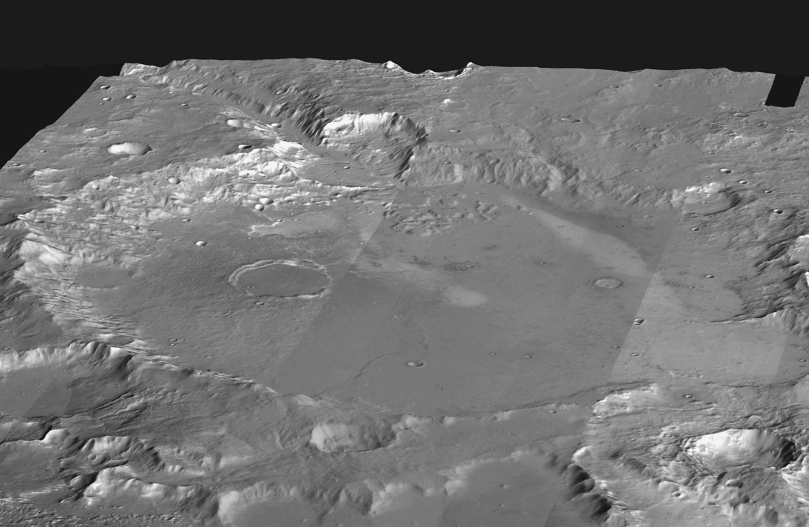 This mosaic of daytime infrared images of Gusev Crater, taken by the camera system on the Mars Odyssey spacecraft, has been draped over topography data obtained by Mars Global Surveyor.