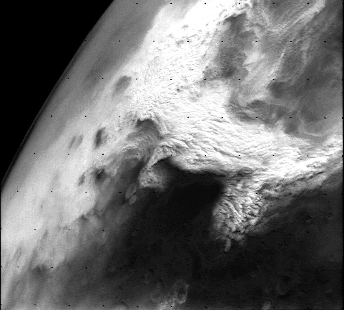 This Viking Orbiter 2 image shows a large dust storm over the Thaumasia region on Mars.