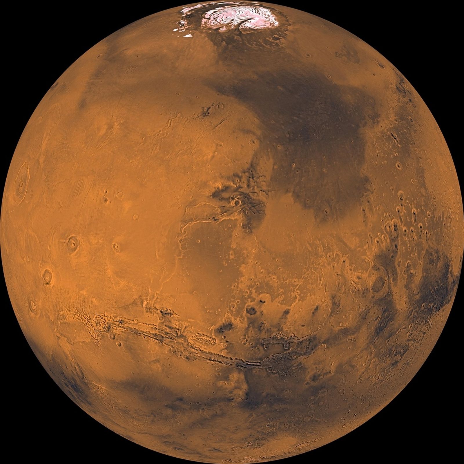 About 1000 Viking Orbiter red- and violet-filter images have been processed to provide global color coverage of Mars at a scale of 1 km/pixel.