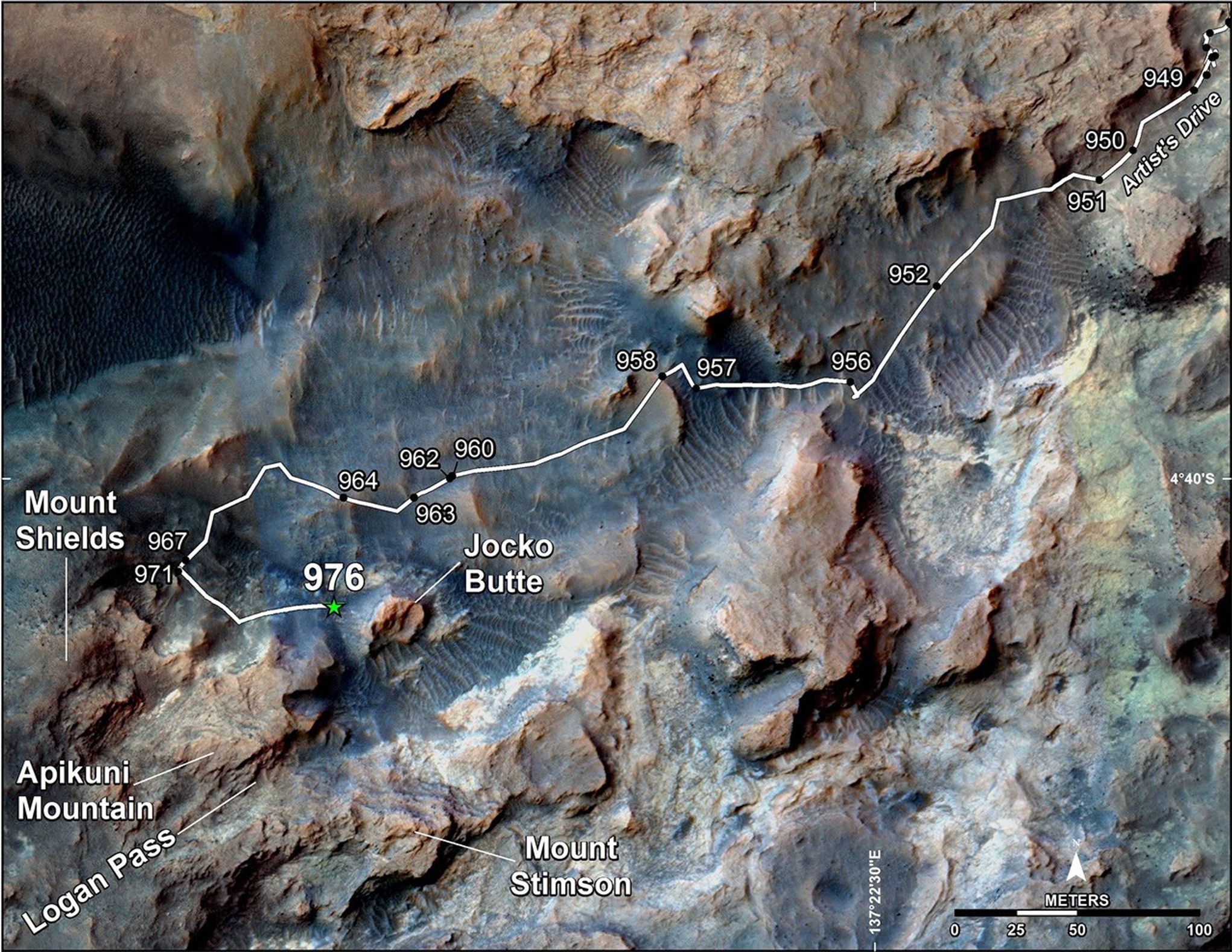 This map shows the route on lower Mount Sharp that NASA's Curiosity followed in April and early May 2015, in the context of the surrounding terrain.  Numbers along the route identify the sol, or Martian day, on which it completed the drive reaching that point, as counted since its 2012 landing.
