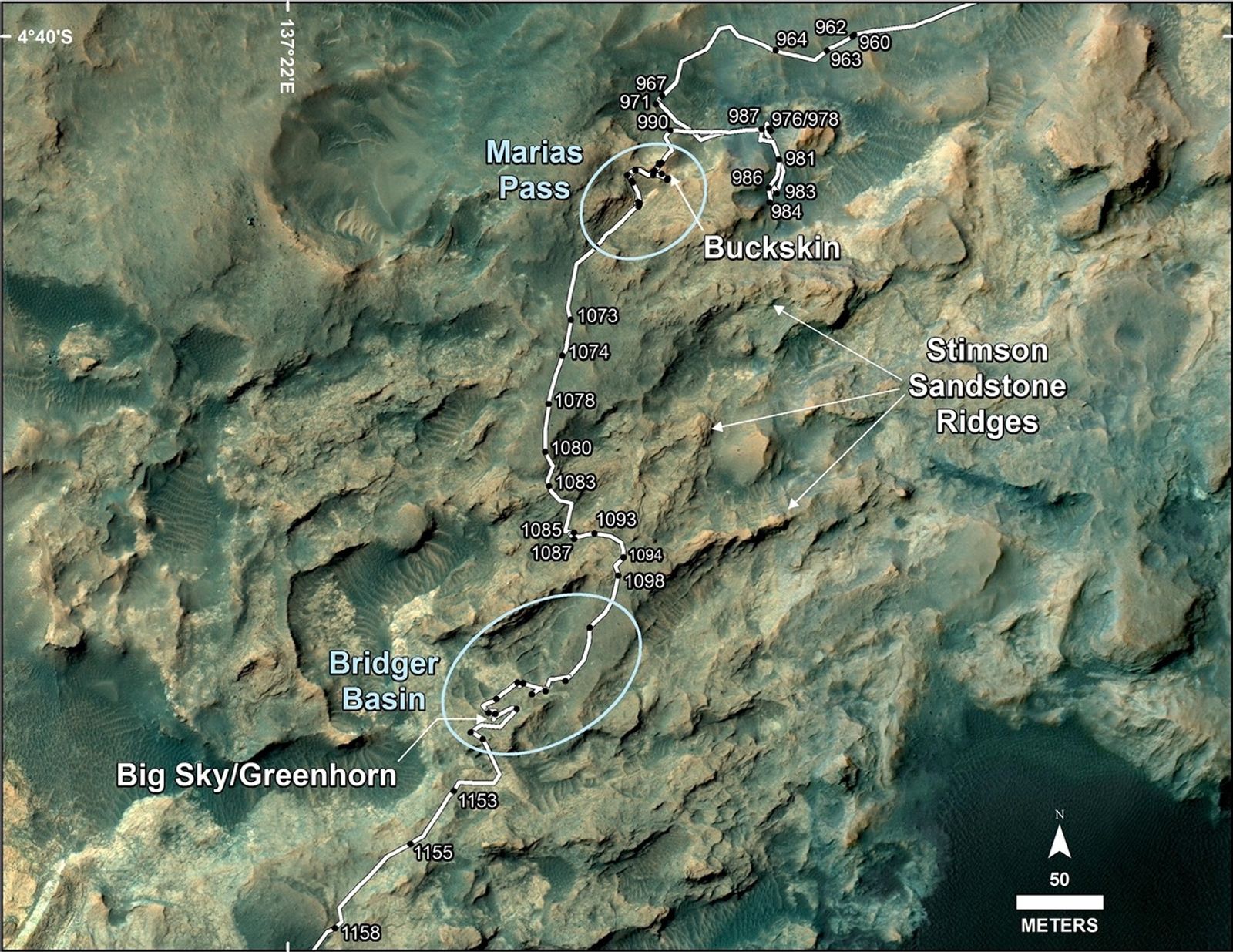 This map shows the route on lower Mount Sharp that NASA's Curiosity followed between April 19, 2015, and Nov. 5, 2015.