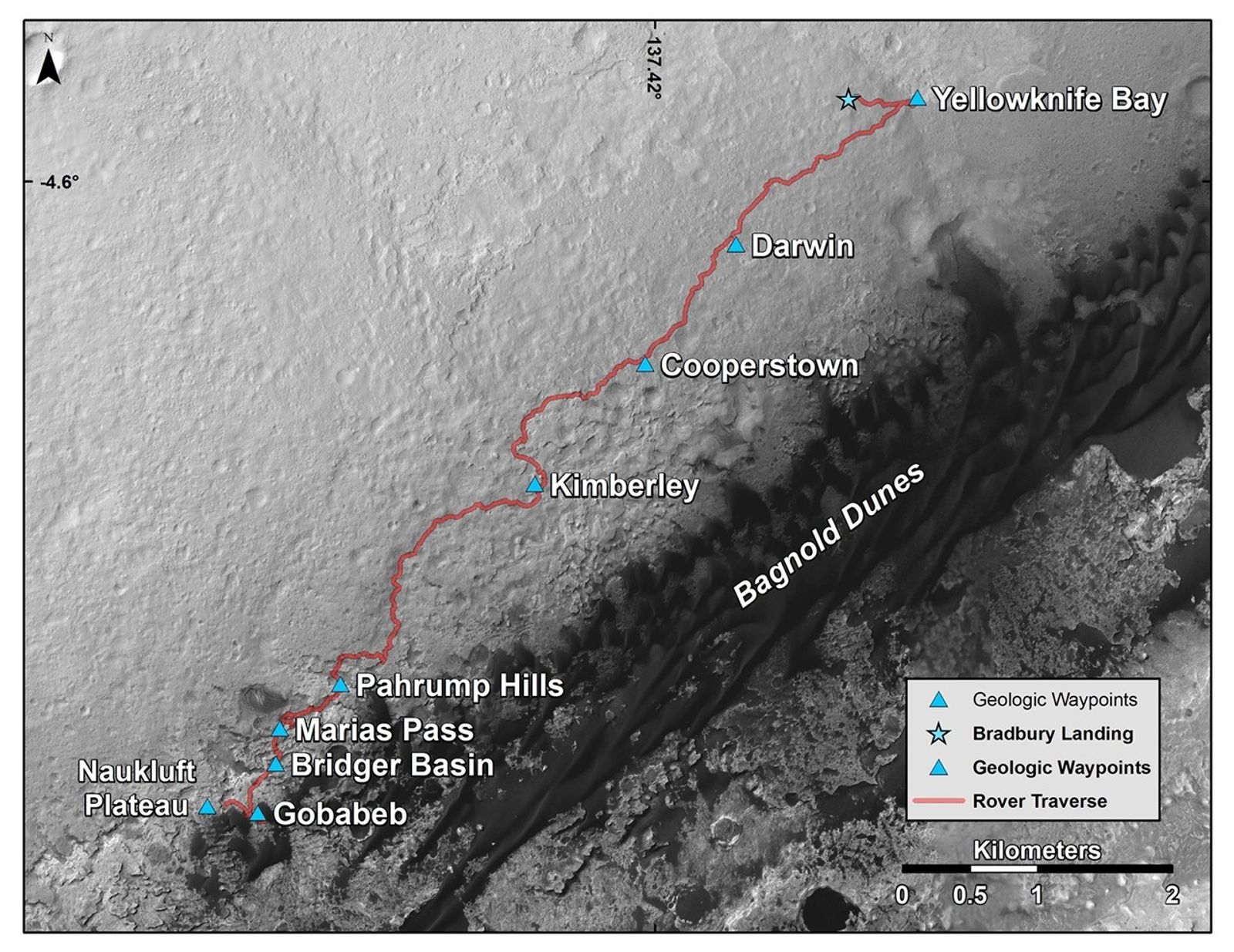 This map shows the route driven by NASA's Curiosity Mars rover from where it landed in 2012 to its location in early March 2016, approaching 'Naukluft Plateau.' As the rover continues up Mount Sharp, its science team has been refreshed by a second round of NASA participating-scientist selections.