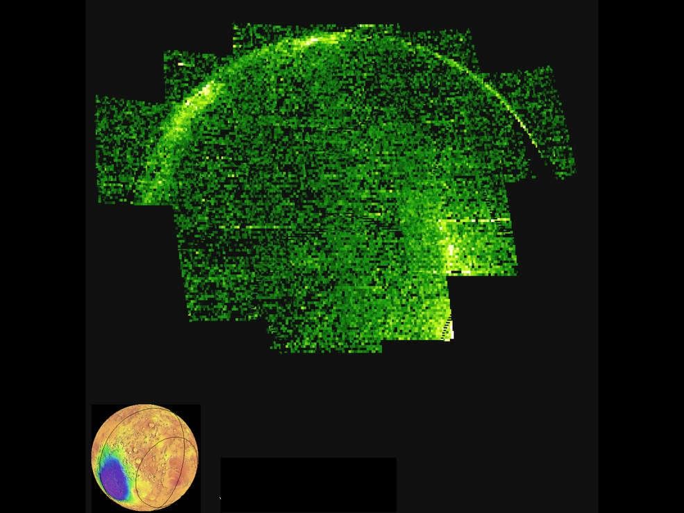 This image of the Mars night side shows ultraviolet emission from nitric oxide (abbreviated NO)