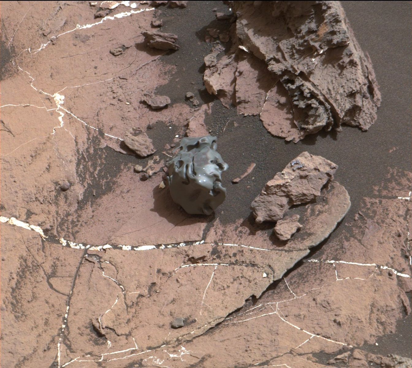 The dark, smooth-surfaced rock at the center of this Oct. 30, 2016, image from the Mast Camera (Mastcam) on NASA's Curiosity Mars rover was examined with laser pulses and confirmed to be an iron-nickel meteorite.  It is about the size of a golf ball.