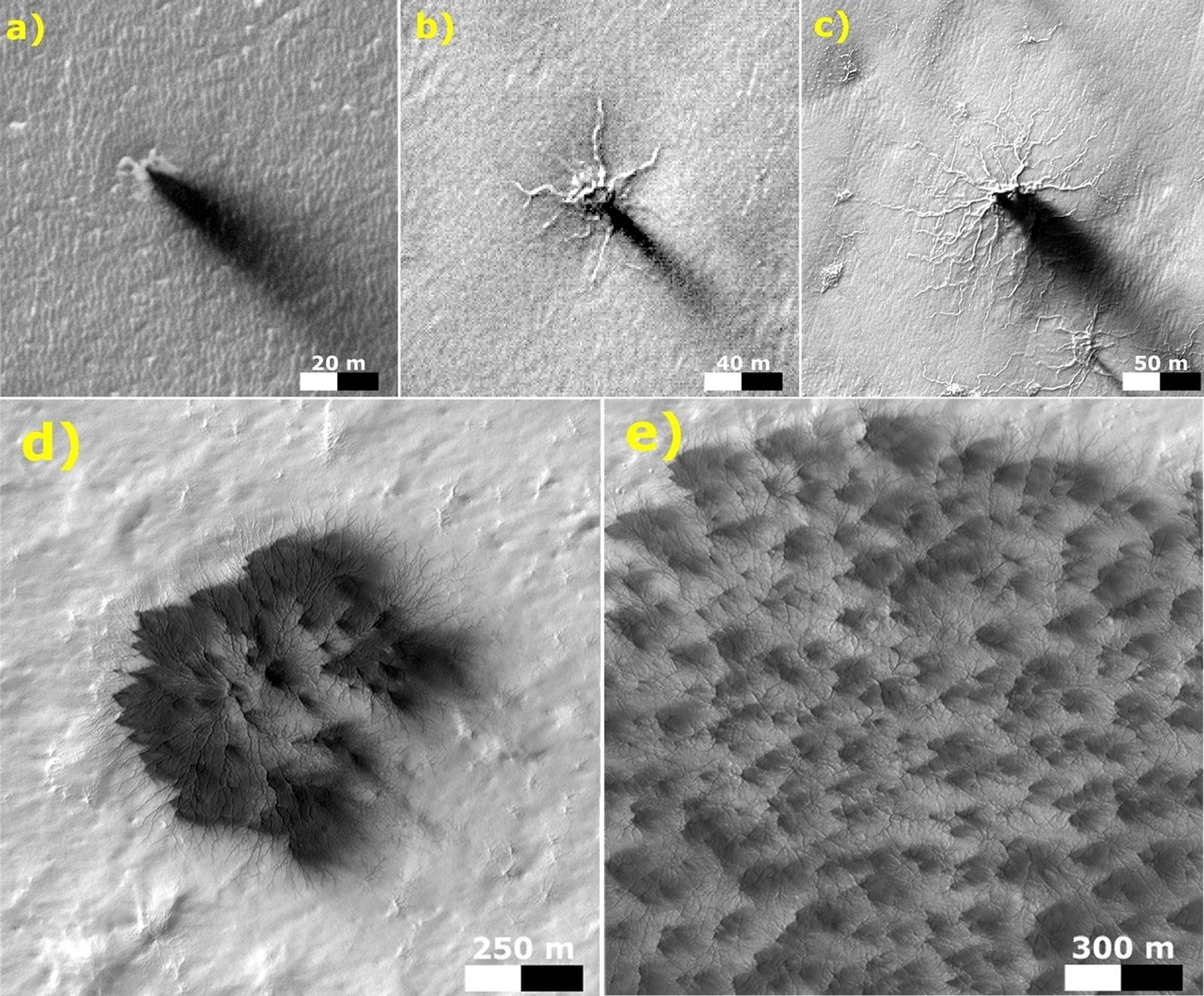 These five images from the HiRISE camera on NASA's Mars Reconnaissance Orbiter show different Martian features of progressively greater size and complexity, all thought to result from thawing of seasonal carbon dioxide ice that covers large areas near Mars' south pole during winter.