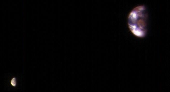 Here is a view of Earth and its moon, as seen from Mars. It combines two images acquired on Nov. 20, 2016, by the HiRISE camera on NASA's Mars Reconnaissance Orbiter, with brightness adjusted separately for Earth and the moon to show details on both bodies. Relative sizes and distance are correct.