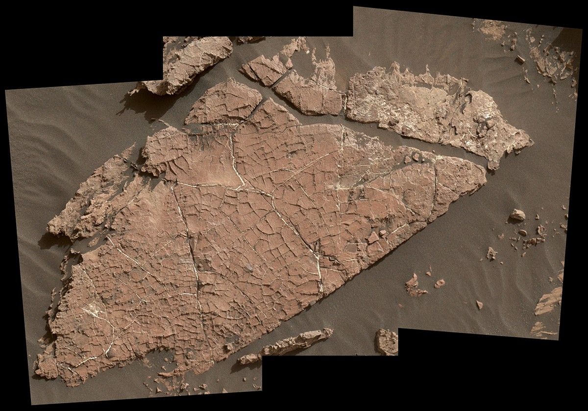 The network of cracks in this Martian rock slab called "Old Soaker" may have formed from the drying of a mud layer more than 3 billion years ago. The view spans about 3 feet (90 centimeters) left-to-right and combines three images taken by the MAHLI camera on the arm of NASA's Curiosity Mars rover.