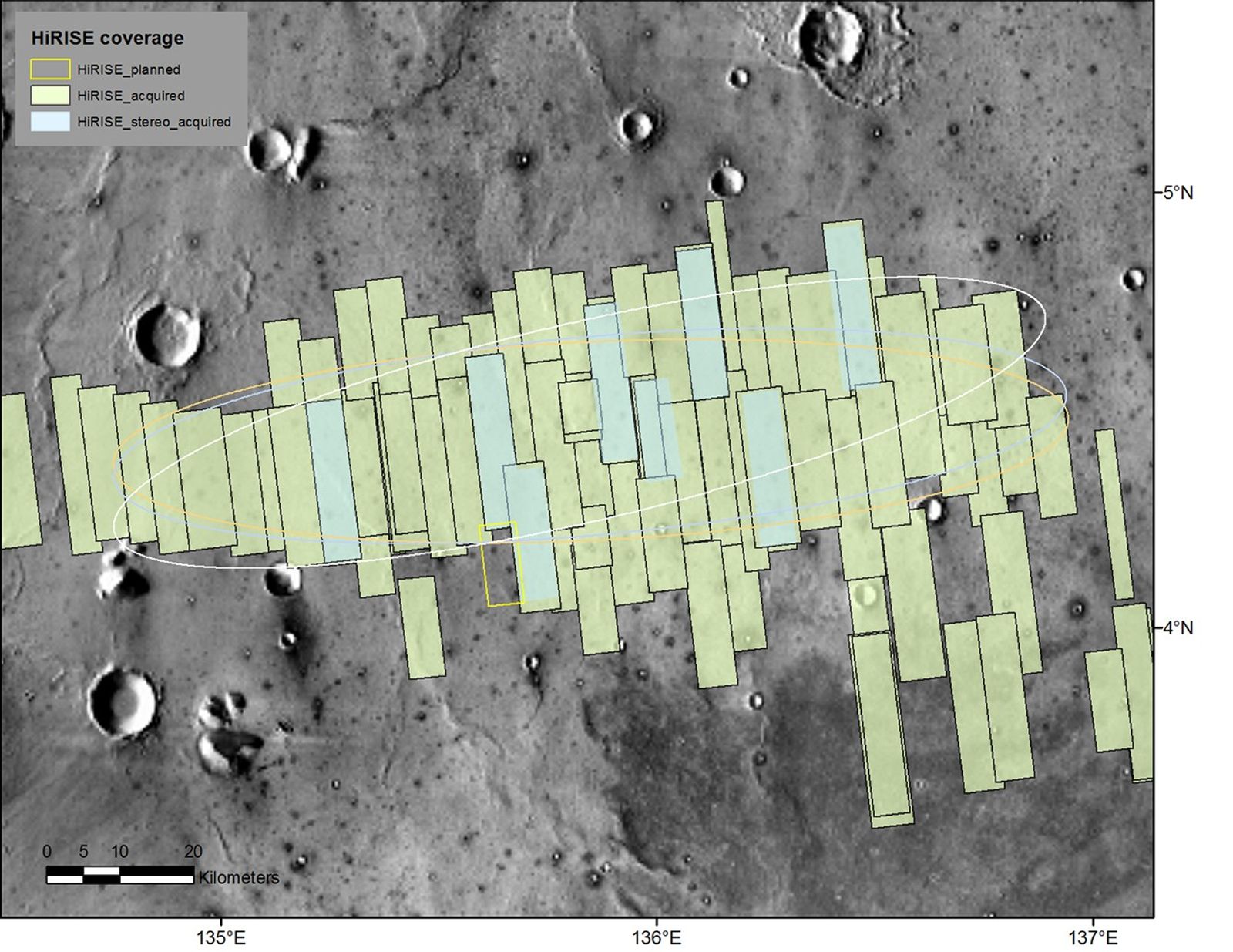 This map shows the footprints of images taken by the HiRISE camera on NASA's Mars Reconnaissance Orbiter as part of advance analysis of the area where NASA's InSight mission will land in 2018. The final planned image of the set will fill in the yellow-outlined rectangle on March 30, 2017.