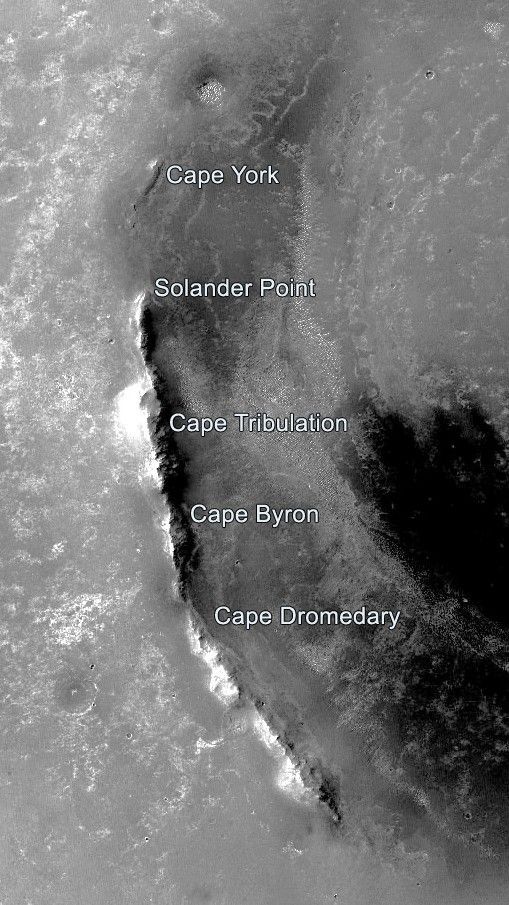 This image shows segments of the western rim of Mars' Endeavour Crater. NASA's Mars rover Opportunity has explored parts of the rim since 2011. The view covers an area about 9 miles wide. It was taken by the Context Camera on NASA's Mars Reconnaissance Orbiter.
