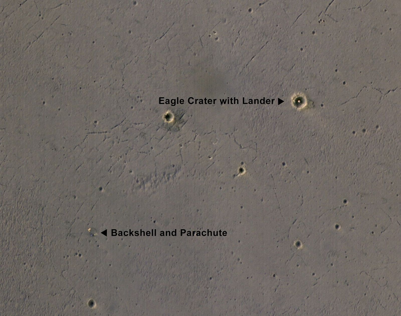 The bright landing platform left behind by NASA's Mars Exploration Rover Opportunity in 2004 is visible inside Eagle Crater, where "Opportunity Lander" is indicated in this annotated, April 8, 2017, image from NASA's Mars Reconnaissance Orbiter.