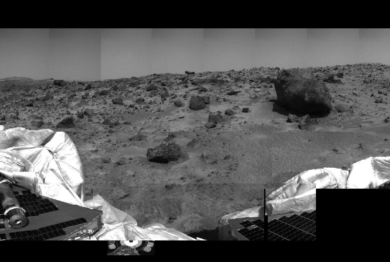 This image of the Martian surface was taken by the Imager for NASA's Mars Pathfinder (IMP) before sunset on July 4, 1997 (Sol 1), the spacecraft's first day on Mars.