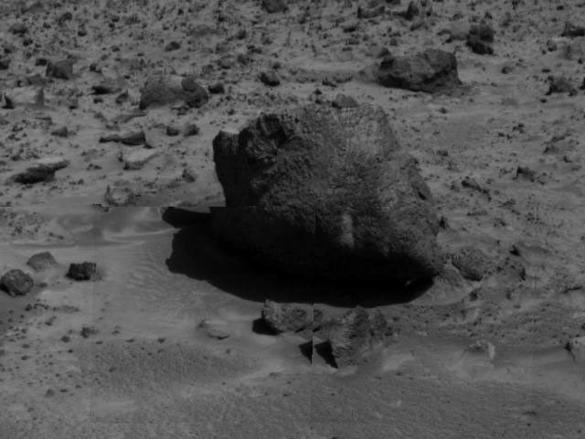 Yogi,' a rock taller than rover Sojourner, is the subject of this image, taken by NASA's deployed Imager for Mars Pathfinder (IMP) on July 7, 1997.