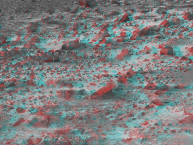 This area of terrain near the Sagan Memorial Station was taken by NASA's Mars Pathfinder. 3D glasses are necessary to identify surface detail.