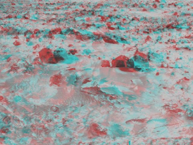 This area of rocky terrain near the Sagan Memorial Station was taken by NASA's Mars Pathfinder. 3D glasses are necessary to identify surface detail.