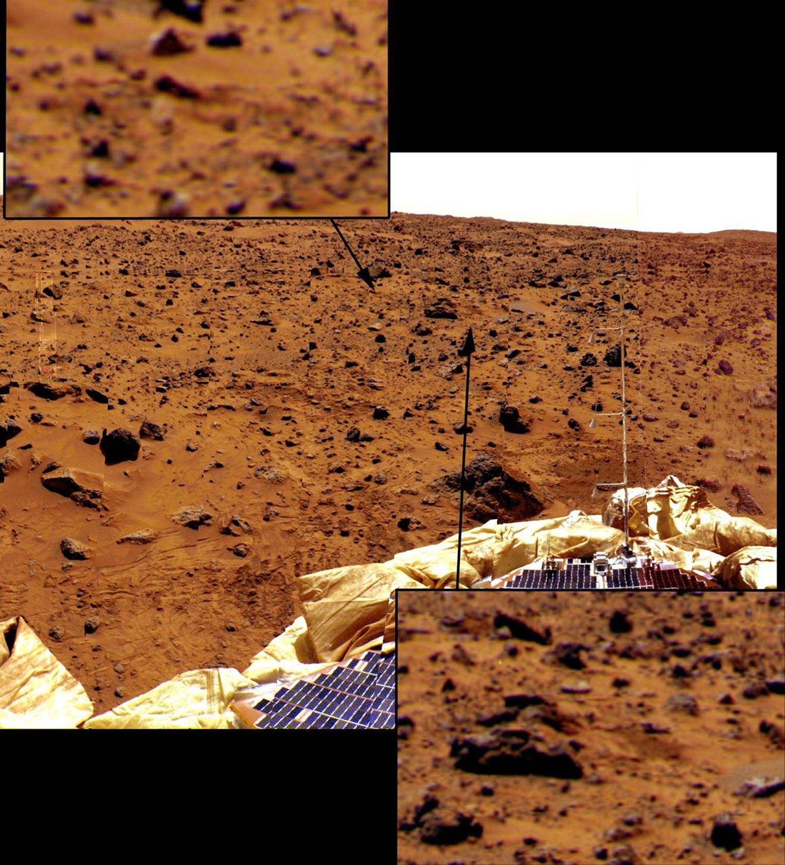 Looking east from the lander, the last few bounce marks as Pathfinder rolled to a stop on July 4 are visible in the soil in this image, taken by NASA's Imager for Mars Pathfinder (IMP). Sol 1 began on July 4, 1997.