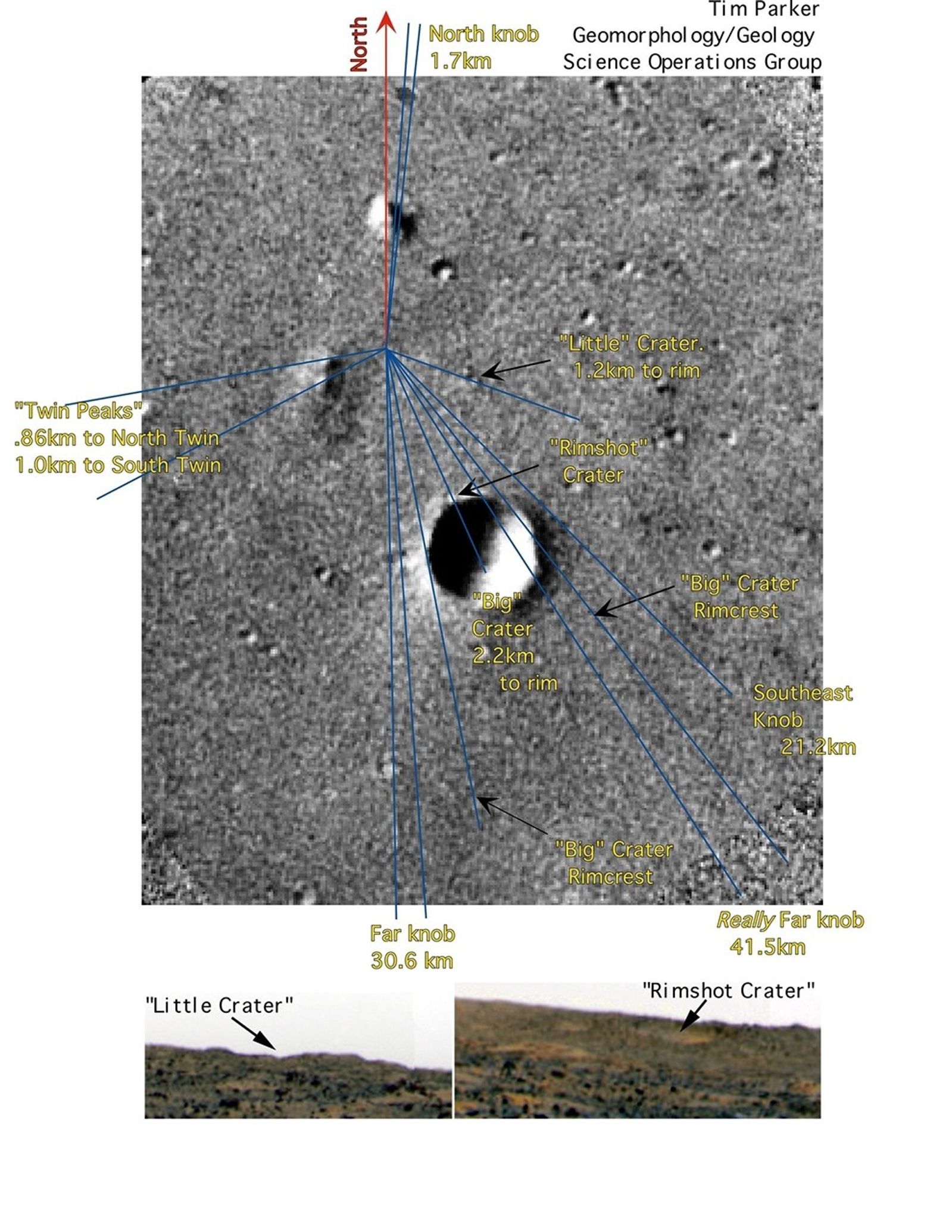 This image, taken by NASA's Viking 1 orbiter in 1976, has been used by scientists to pinpoint the location of the Sagan Memorial Station. The lander is positioned at the center of the blue 'rays,' and North is at the top.