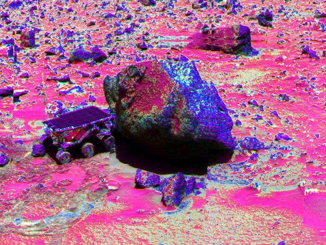 NASA's Mars Pathfinder Lander, Sojourner, made contact with the rock 'Yogi' in this false-color image from 1997, taken with the Imager for Mars Pathfinder (IMP).