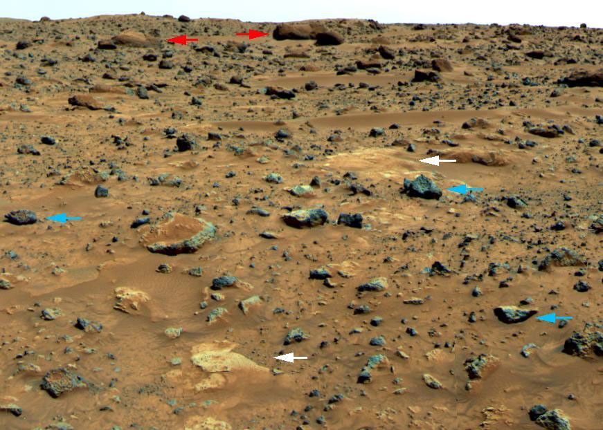 In 1997, NASA's Mars Pathfinder took this picture of three classes of Martian rock: large rounded rocks with weathered coatings, small gray angular rocks lacking weathered coatings, and flat white rocks.