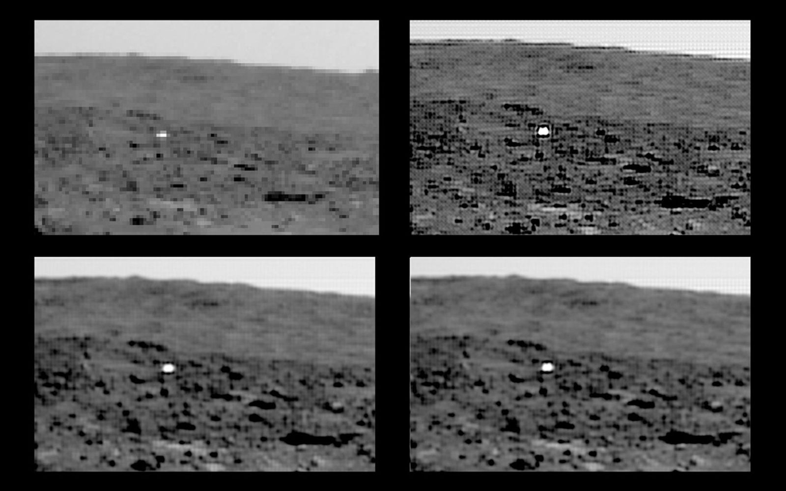 These images show NASA's Mars Pathfinder's backshell to the southeast of the lander, and in front and to the left of 'Big Crater' after landing on Mars in 1997.