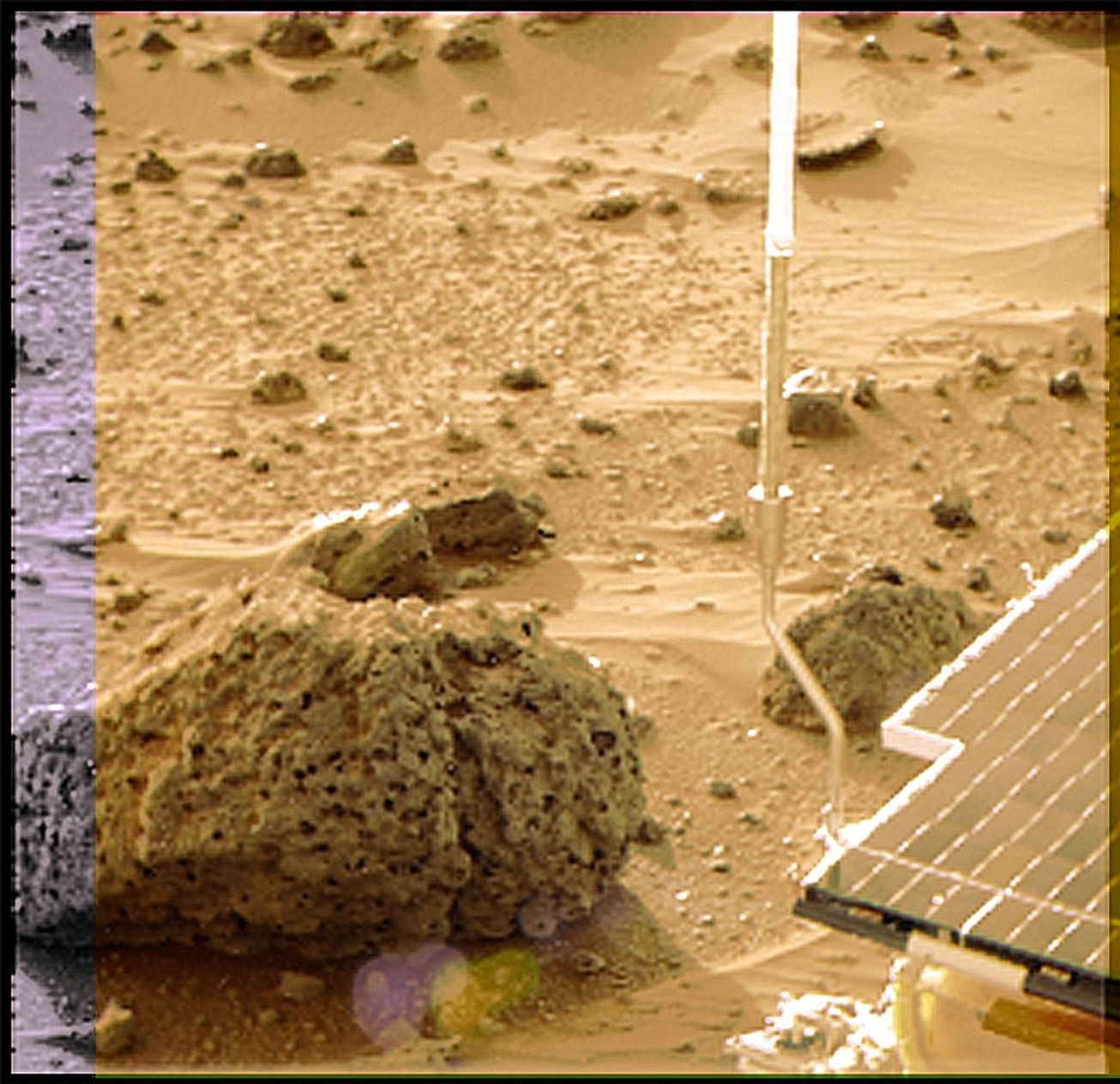 Barnacle Bill is a small rock immediately west-northwest of NASA's Mars Pathfinder lander and was the first rock visited by the Sojourner Rover's alpha proton X-ray spectrometer (APXS) instrument. Sol 1 began on July 4, 1997.
