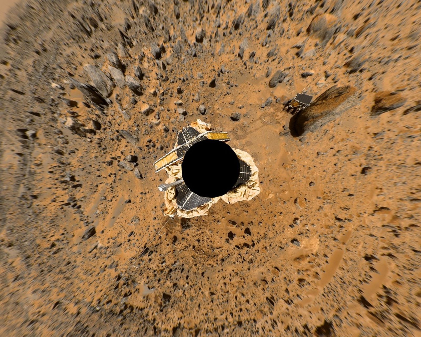 This image from NASA's Mars Pathfinder was created in 1997 by using two mosaics: a color image of the 'Gallery Pan' and an image which indicates the distance to the nearest object at each pixel location, referred to as a range image.