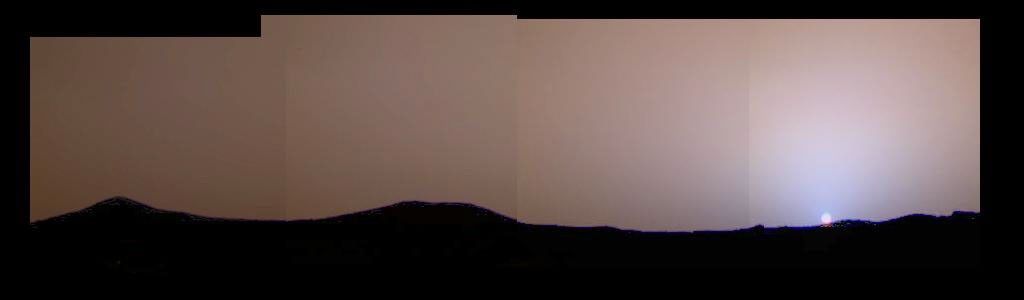 This image of the martian sunset from Sol 24 shows much more color variation than had previously been seen. This image was taken by NASA's Imager for Mars Pathfinder (IMP). Sol 1 began on July 4, 1997.