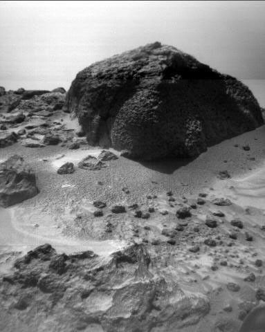 This image of the rock 'Chimp' was taken by NASA'a Sojourner rover's right front camera on Sol 72 (September 15). Fine-scale texture on Chimp and other rocks is clearly visible. Sol 1 began on July 4, 1997.