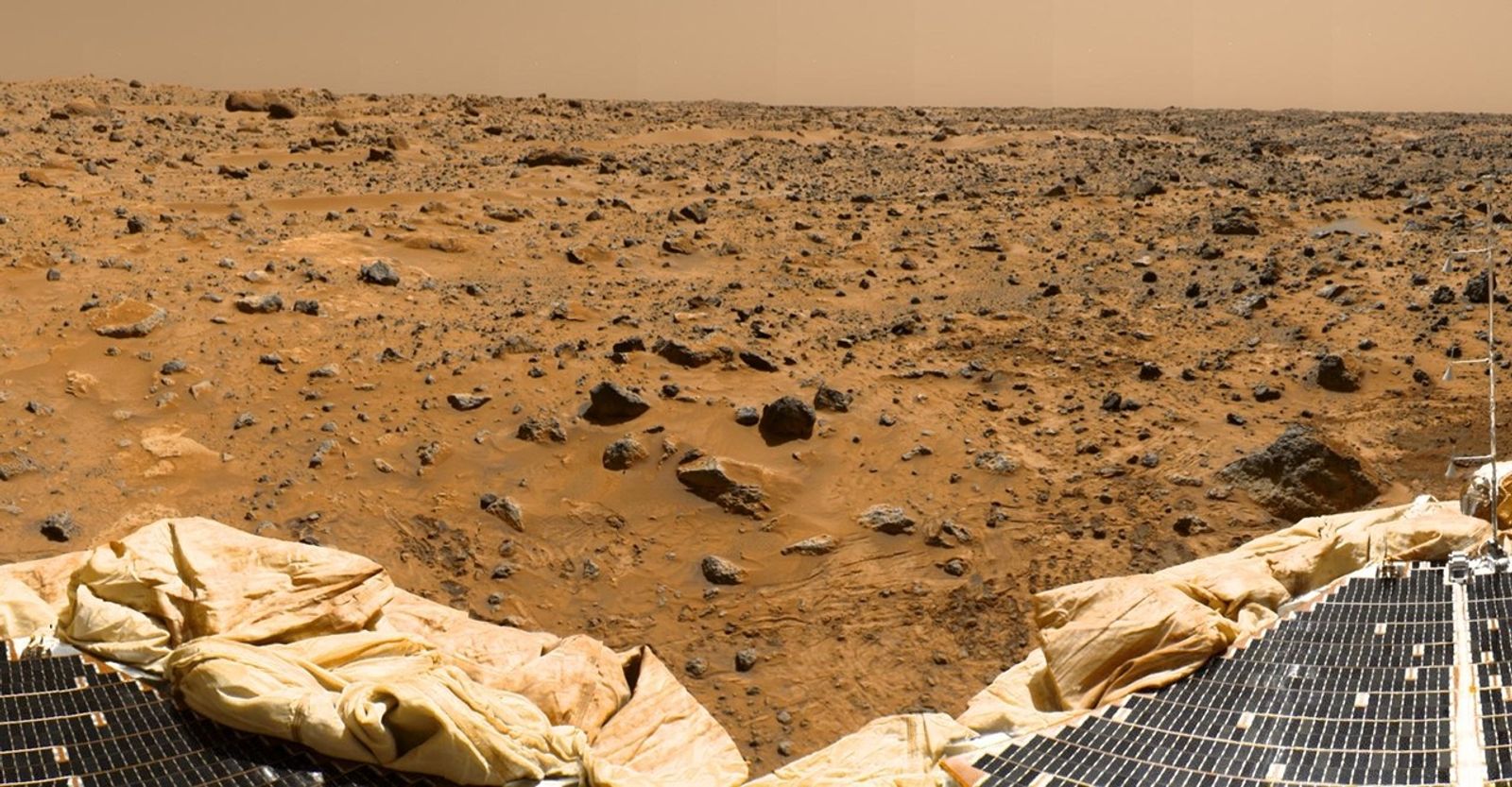This is a sub-section of the 'geometrically improved, color enhanced' version of the 360-degree panorama heretofore known as the 'Gallery Pan,' taken by NASA's Imager for Mars Pathfinder over the course of Sols 8, 9, and 10. Sol 1 began on July 4, 1997.