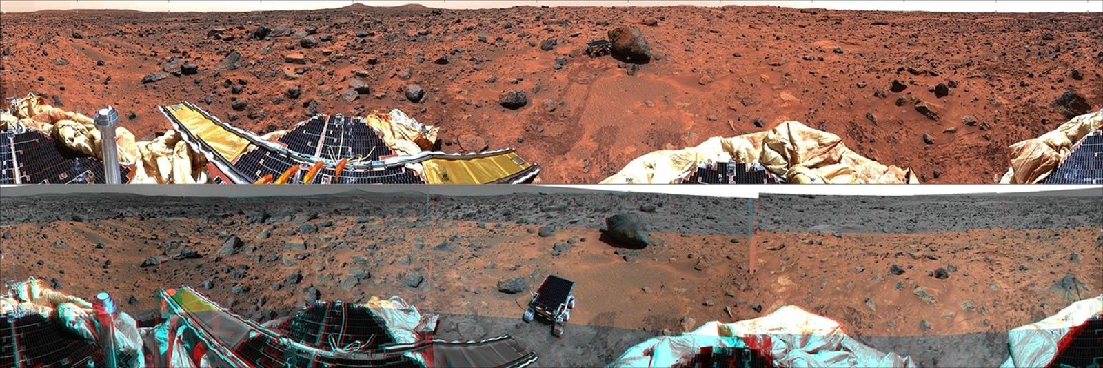 This panoramic view taken by NASA's Mars Pathfinder is a controlled mosaic of approximately 300 IMP images. 3D glasses are necessary to identify surface detail.