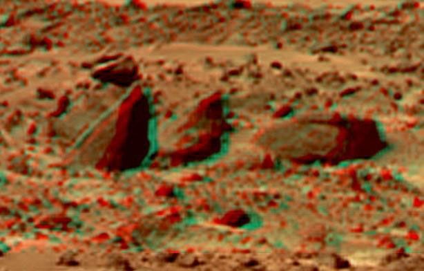 This view of 'Bookshelf Two' was produced by combining the 'Super Panorama' frames from the IMP camera from NASA's Mars Pathfinder lander. 3D glasses are necessary to identify surface detail.