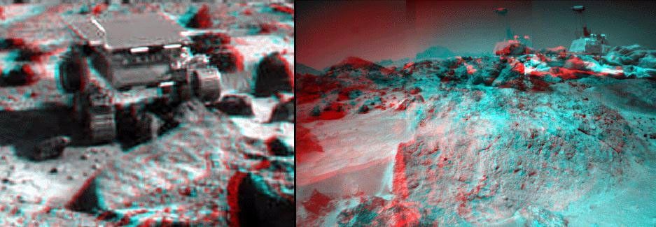 This anaglyph view of 'Ender,' due south of the lander, was produced by NASA's Mars Pathfinder's Imager camera. 3D glasses are necessary to identify surface detail.