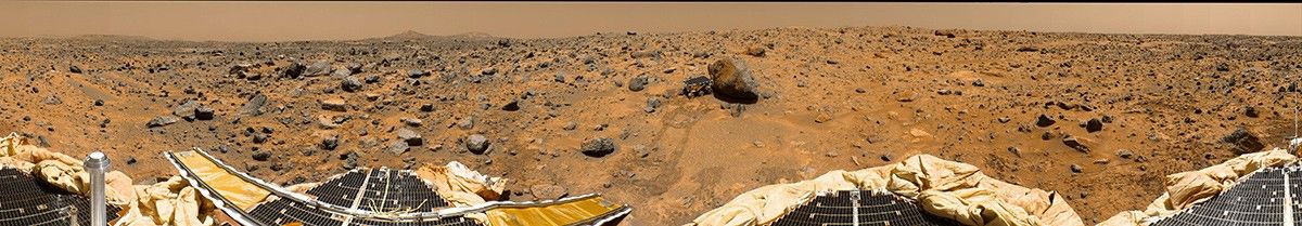This is a more recent 'geometrically improved, color enhanced' version of the 360-degree 'Gallery Pan,' the first contiguous, uniform panorama taken by the Imager for Mars (IMP) over the course of Sols 8, 9, and 10.