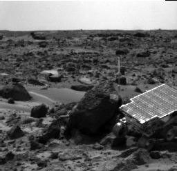 NASA's Mars Pathfinder rover Sojourner is seen traversing near 'Half Dome' in this image, taken on Sol 59, 1997 by the Imager for Mars Pathfinder (IMP).