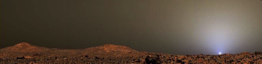 This illustration is a composite that creatively combines two previously released images from NASA's Mars Pathfinder for a sunset scene in Ares Valles in July 1997.